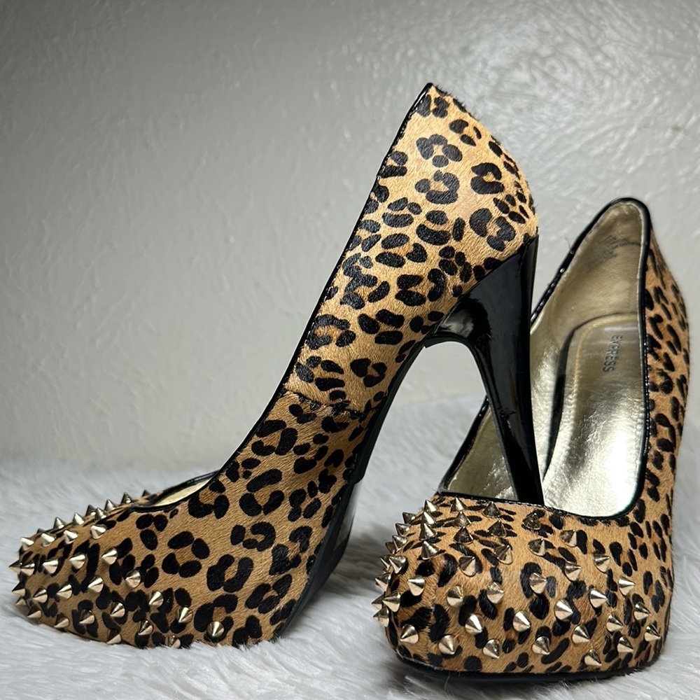 Express Real Hair Fur Leopard Print Spiked Platform Heel Pump